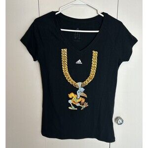 ADIDAS Miami Hurricanes V-Neck Black T-Shirt W/Sebastian Mascot Chain Sz L